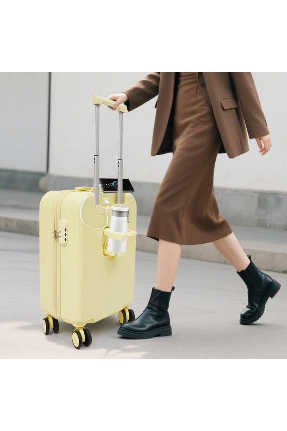 34*23*53cm Freestanding Rectangular Travel Luggage Suitcase Light Yellow Carry on Luggage with Cup Holder