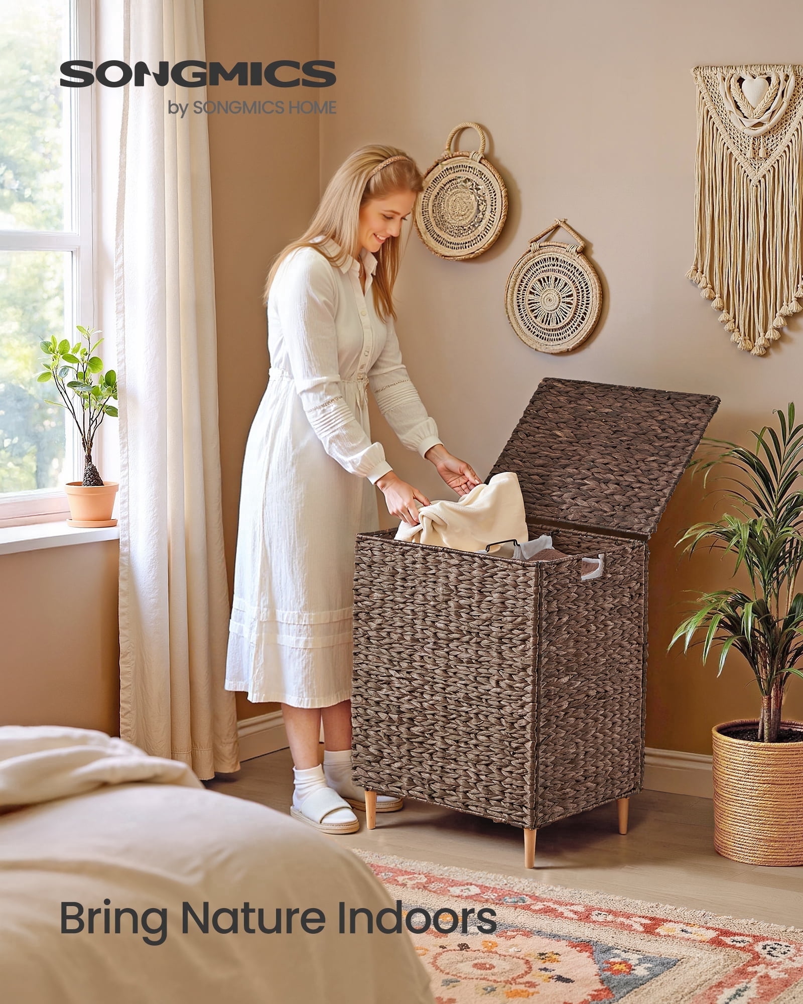 34.3 Gal. Laundry Hamper, 2-Section Handwoven Water Hyacinth Wicker Laundry Basket with Lid, Removable Liners, Espresso