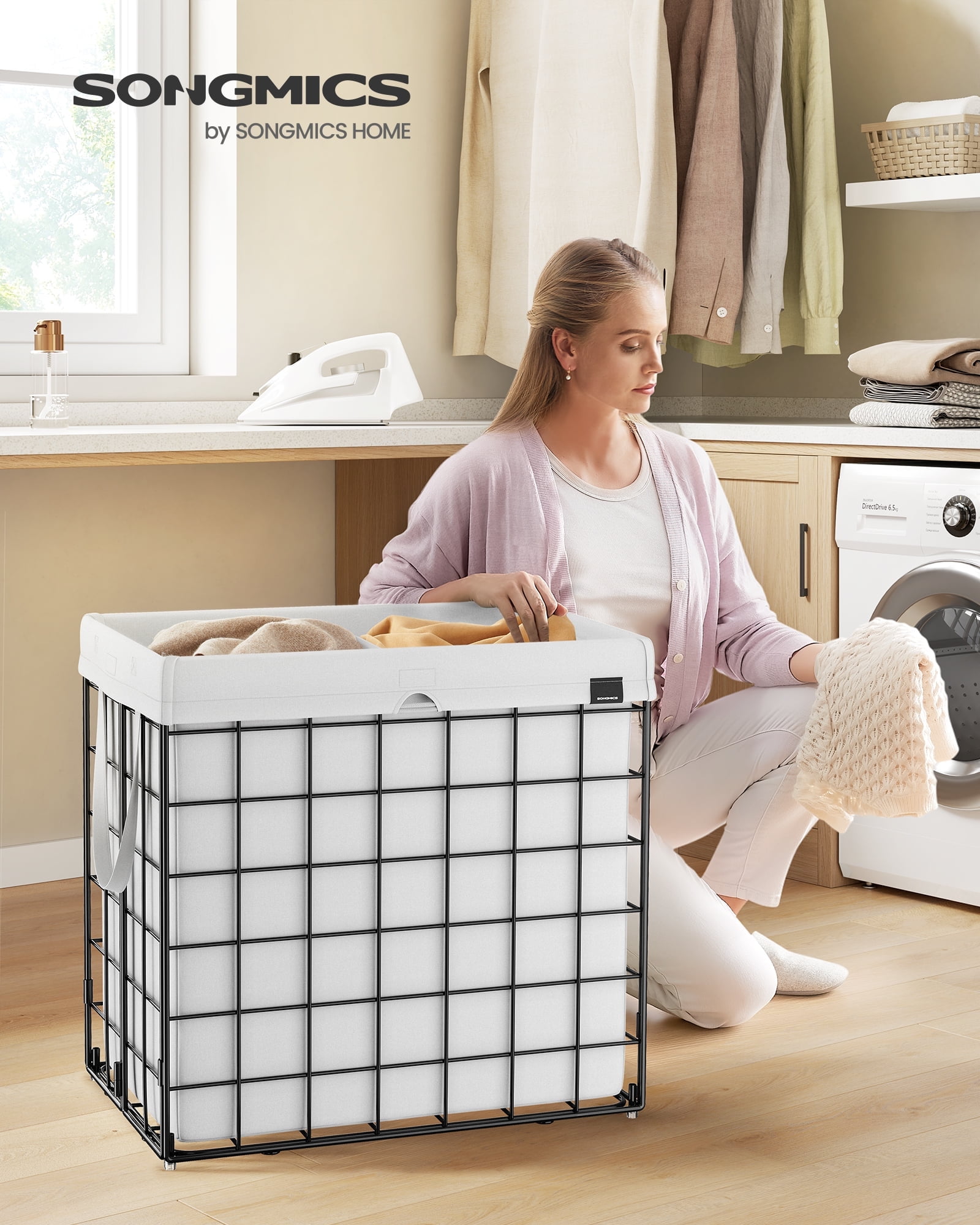 34.3 Gal Laundry Hamper, Collapsible Clothes Basket with Removable Washable Liner & Metal Frame, 66 lb Capacity for Bedroom Bathroom, Cream White