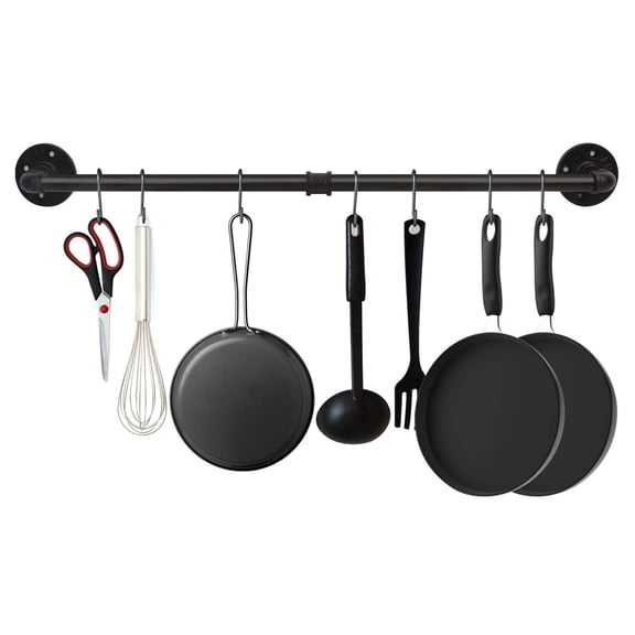 34.3 Inch Industrial Pipe Pot Bar Rack With 15 S Hooks Rustic Iron Pots And Pans Hanging Rail Towel Holder Wall Mounted Detachable Kitchen Utensil Pan Lid Organizer Black