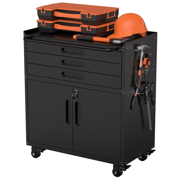 34.3" Mobile Metal Tool Cabinet with Drawers & Lockable Doors Wheels for Garage Storage Workbench Organizer, Black