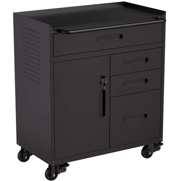 34.3" Mobile Tool Storage Cabinet - Garage Organizer with Lockable Compartment & 4 Drawers, Rolling Steel Chest for Workshop and Home Garage