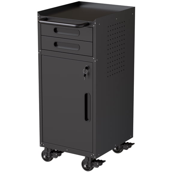 34.3" Narrow Rolling Tool Cabinet - Space-Saving Garage Storage with Lockable Door, 2 Drawers and Large Handle, Slim Metal Organizer for Tight Spaces