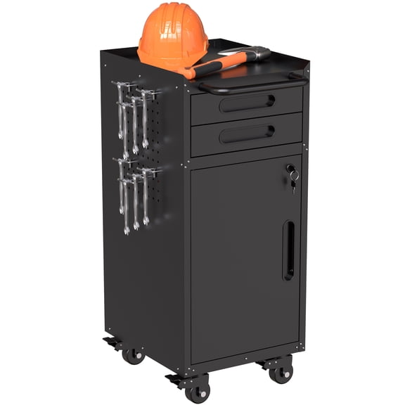 34.3" Slim Rolling Tool Cabinet with Lockable Door & 2 Drawers Space-Saving Metal Garage Organizer for Tight Corners, Black