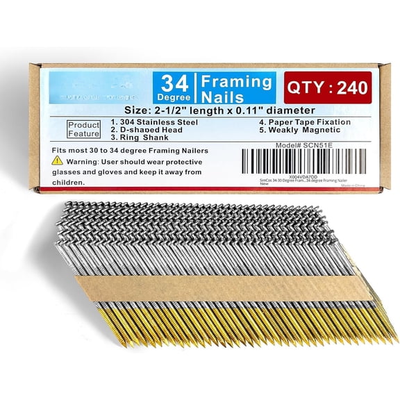 34-30  2-1/2 Inch Ring Shank Paper Framing Nails,240-Pack | 304 Stainless Steel D  Tape Strip Nails for 30 to 34  Framing Nailer,Fits Indoor and Outdoor Building Projects