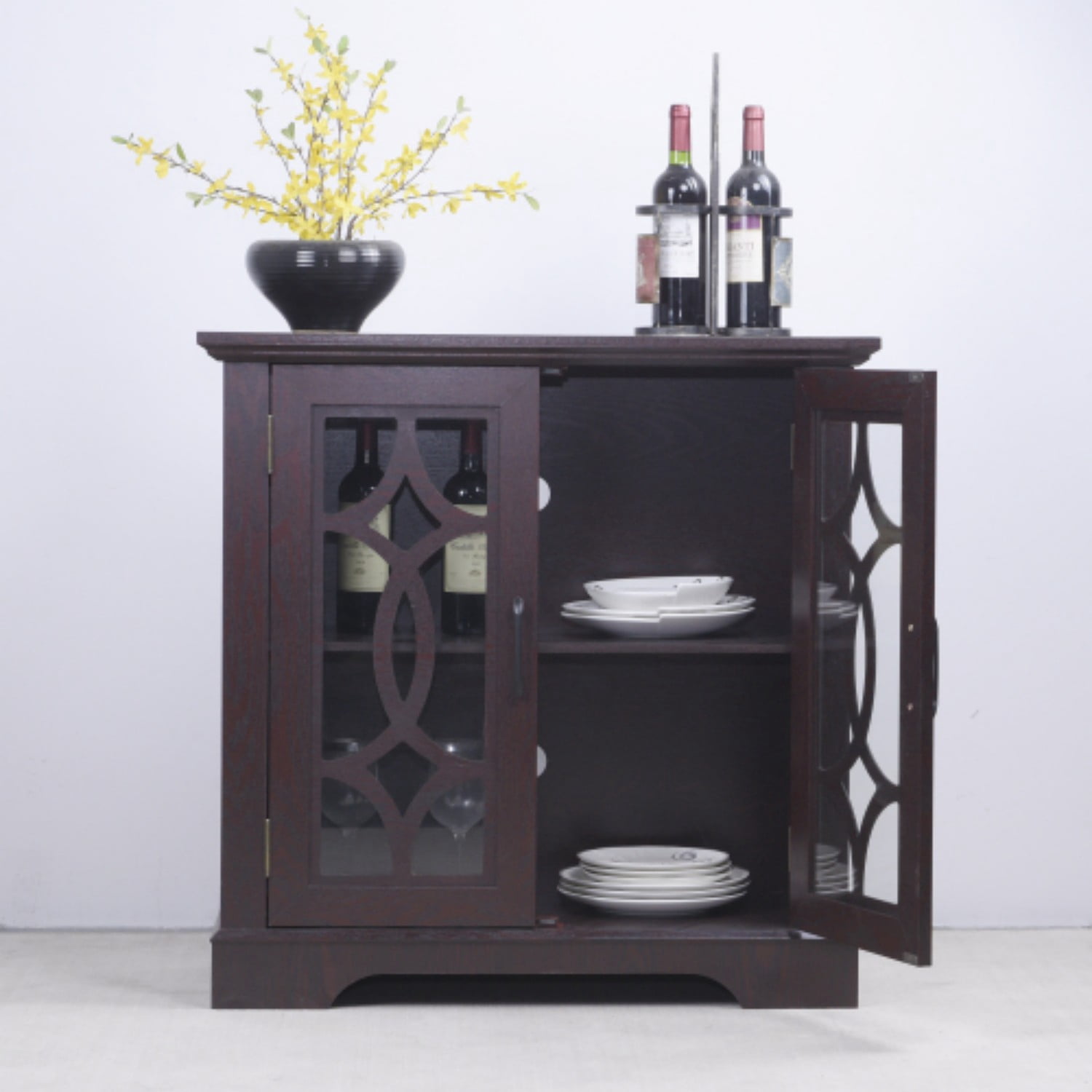 34.37" Modern Glass Door Sideboard Buffet Cabinet, MDF Storage Credenza with Adjustable Shelf, Tempered Glass Display Cabinet for Dining Living Room Kitchen, Ox Blood Red