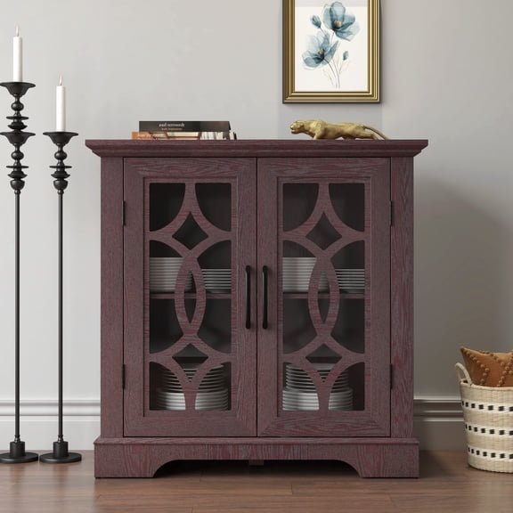 34.37" Sideboard with 2 Tempered Glass Doors, Adjustable Shelf, Ox Blood Red MDF