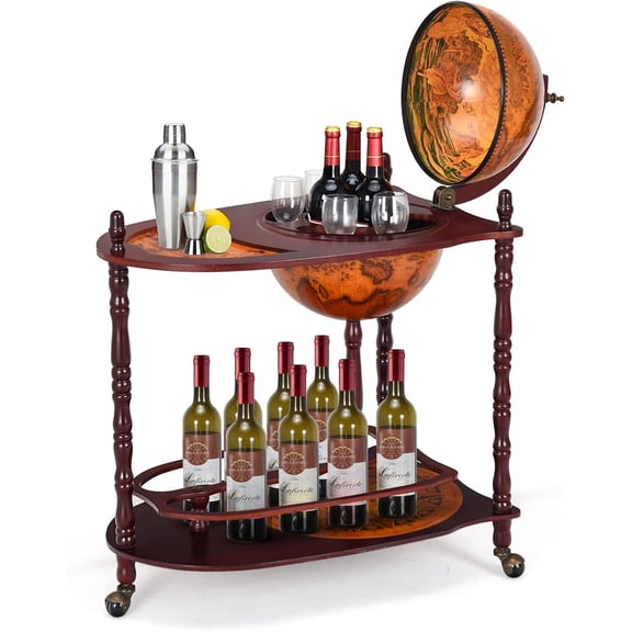34.5-Inch Retro Antique World Map Globe Bar Cart with Wheels, Mid-Century Italian Style Mobile Liquor Cabinet