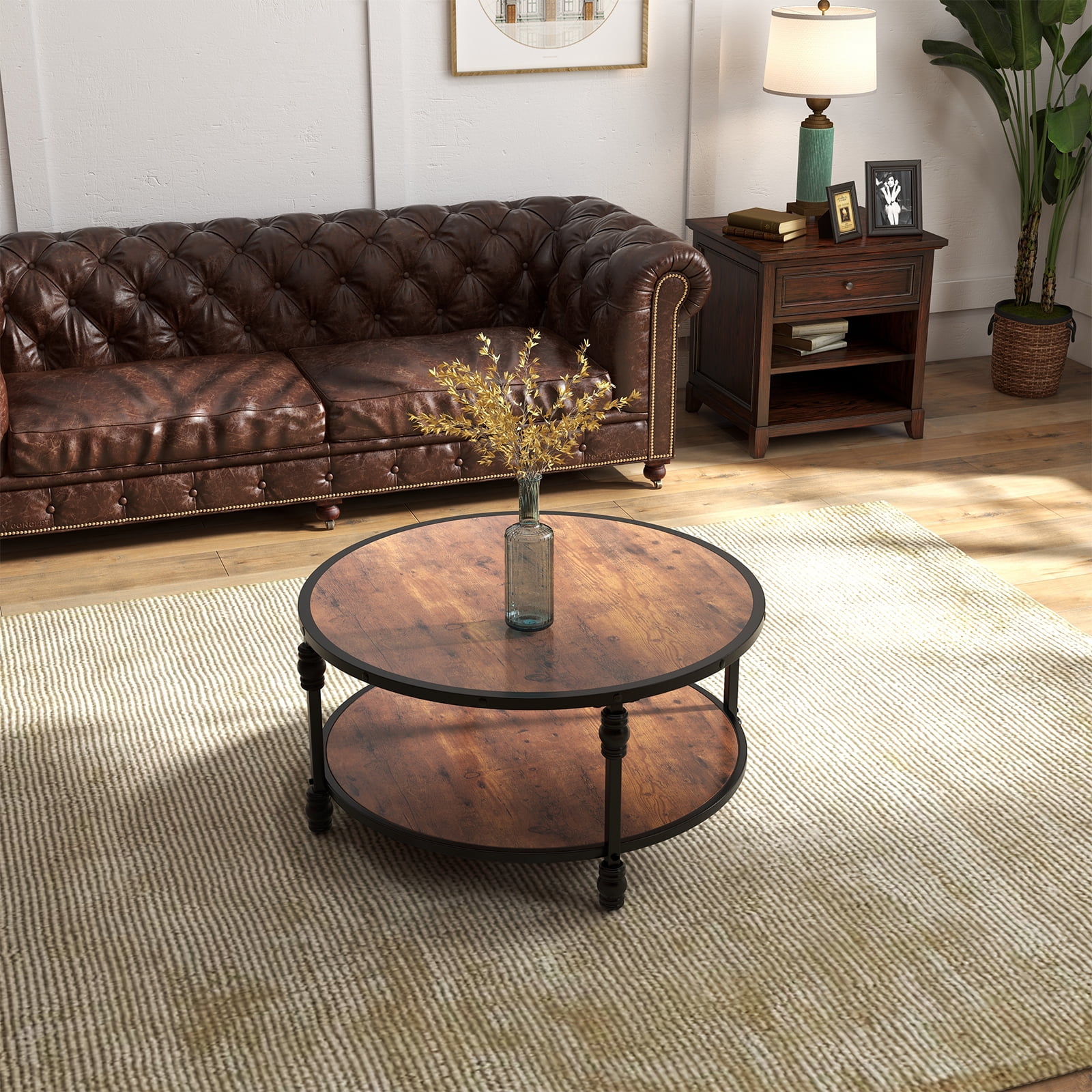 34.5 Inch Round Coffee Table, 2 Tier Center Table with Storage Shelf ...
