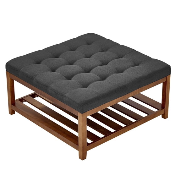 34.5" Large Square Ottoman Coffee Table with Solid Wood Storage Shelf, Dark Gray