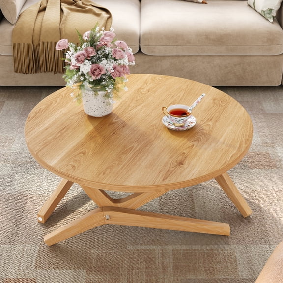 34.5" Round 2-in-1 Adjustable Height Coffee Table, Solid Wood Transformer Coffee Table, 16.5" Low Coffee Table / 29.5" Tall Cocktail Table for Living Room