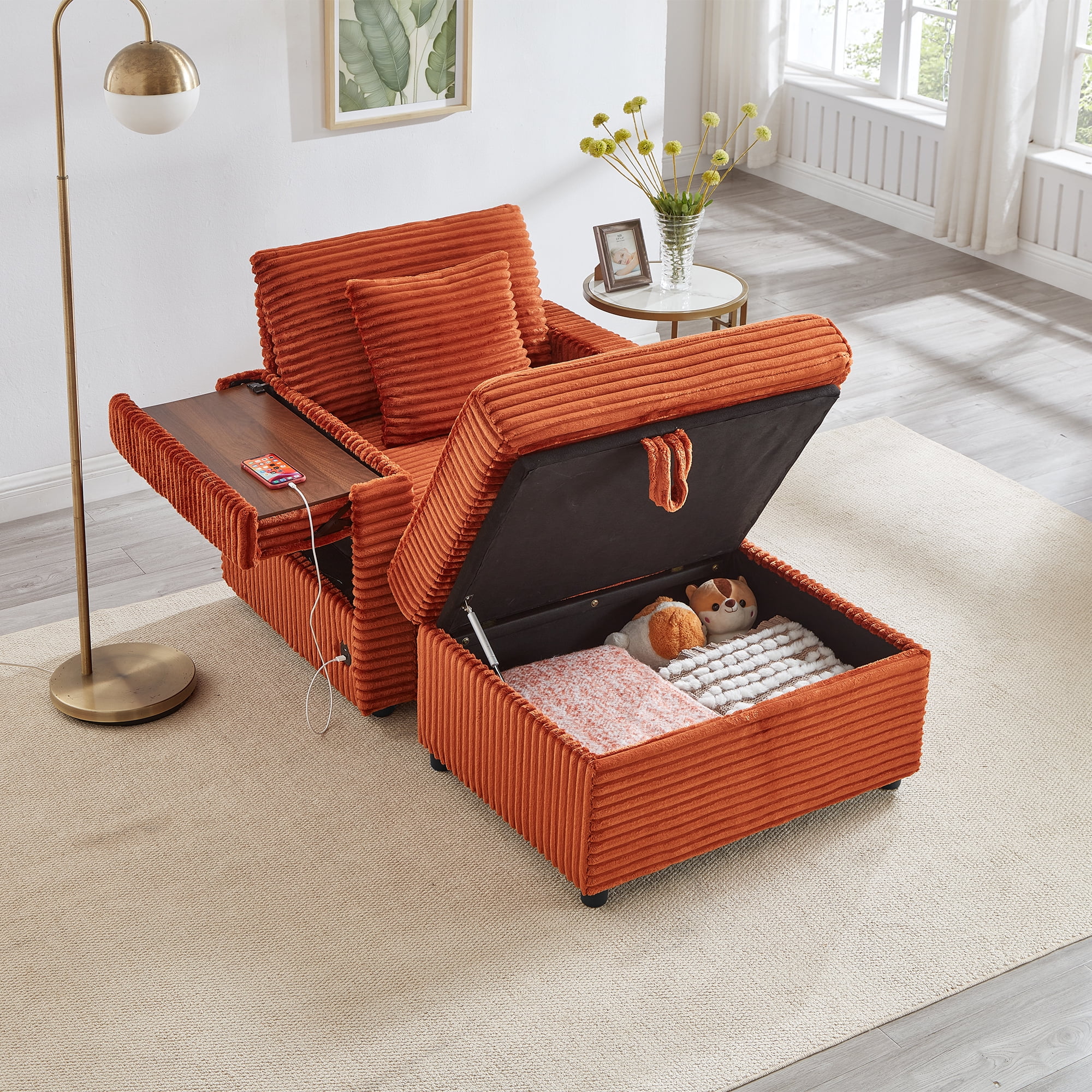 34.5" Soft Chaise Lounge Accent Chair Set with Ottoman, Table Board and Cup Holder