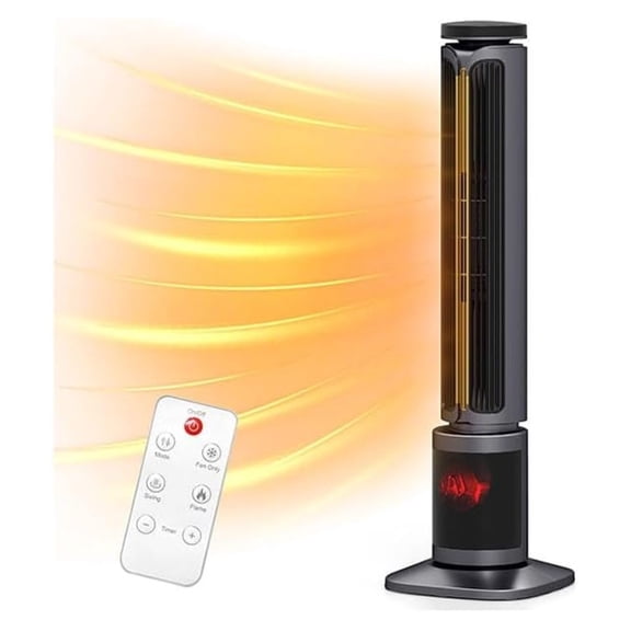 34.5" Space Heaters for Indoor Use Large Room, 1500W PTC Tower Fireplace Heater with 3D Flame, Room Heater w/ Control,12H Timer & Oscillation, Portable Electric Heaters for Bedroom, Grey