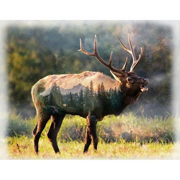 34.5" X 44" Panel Elk Animal Wildlife Mountains Scenic Landscape Northwoods Digital Print Cotton Fabric Panel (U5068-151-SUNSET)