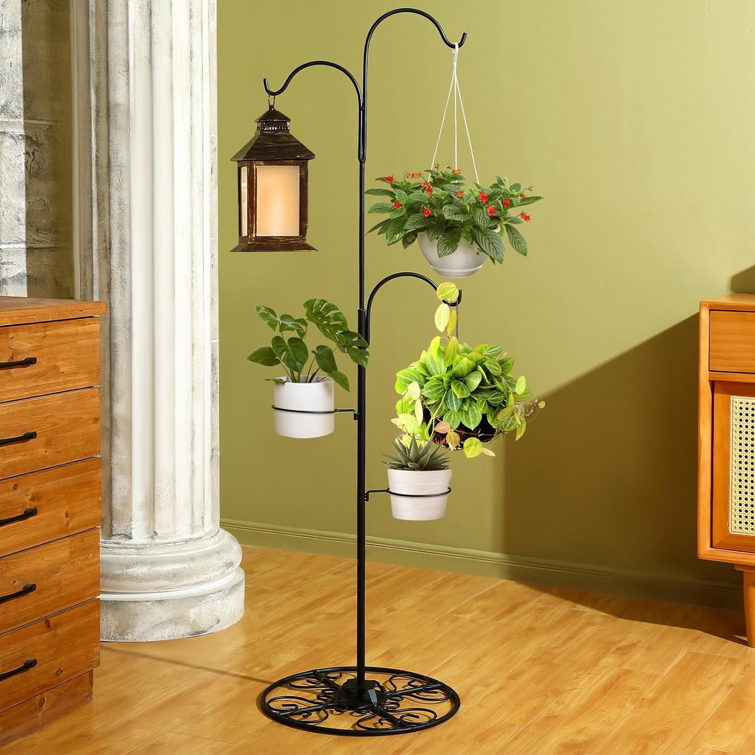 34-55 Inch Adjustable Black Iron Shepherd Hook with Base Indoor Outdoor Hanging Plant Stand Wind Chime Stand Bird Feeder Flower Basket for Garden Plants Weddings Event Home Christmas Decor