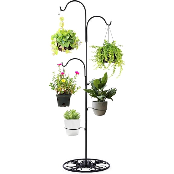 34-55 Inch Adjustable Black Iron Shepherd Hook with Base Indoor Outdoor Hanging Plant Stand Wind Chime Stand Bird Feeder Flower Basket for Garden Plants Weddings Event Home Christmas Decor