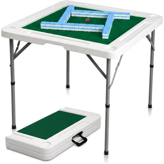 34.6" Portable Folding Mahjong & Game Table with Cup Holders & Storage Slots - Heavy-Duty HDPE Tabletop, Silent Mat & Sturdy Steel Legs for Home, Party & Camping,White