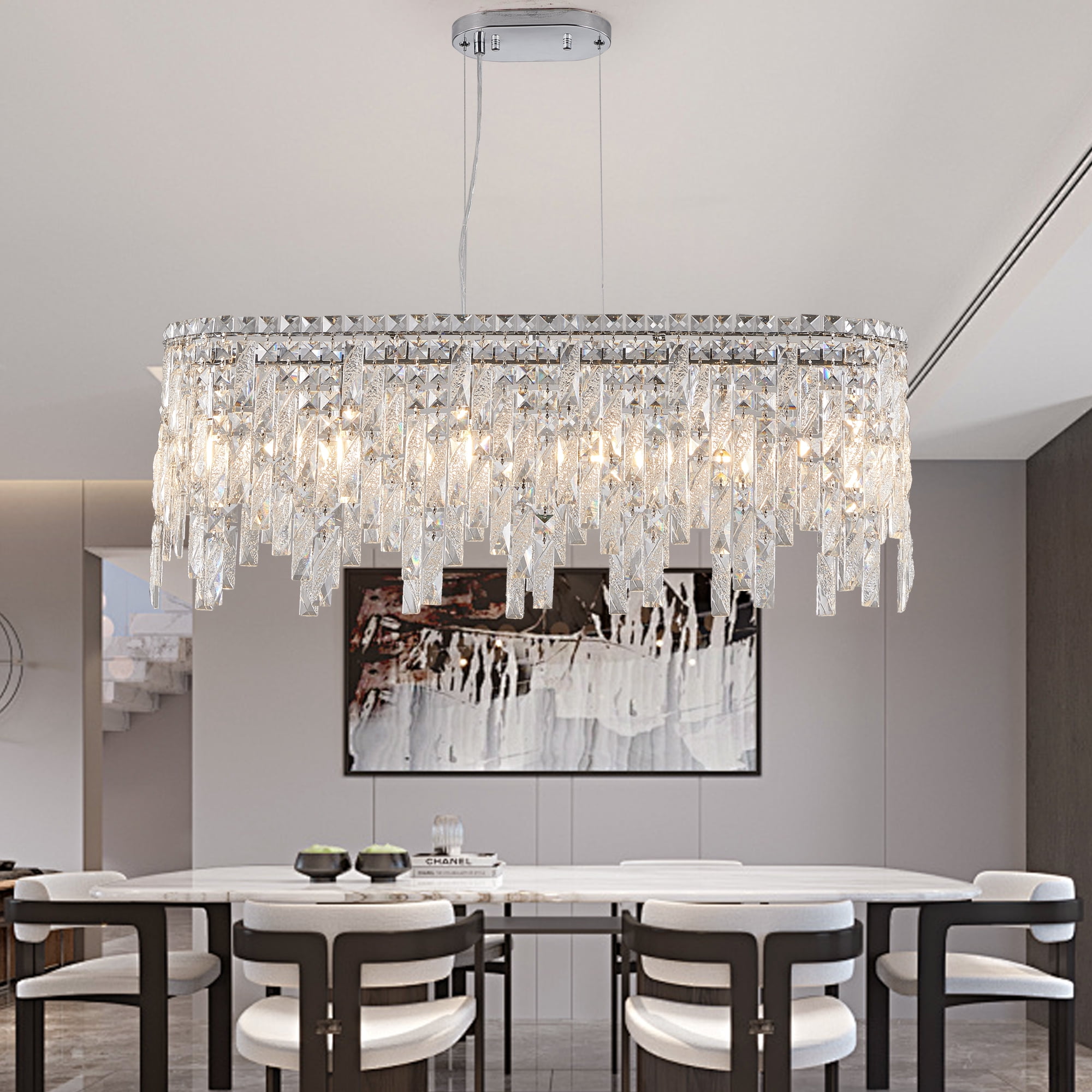 34.6 in Rectangular Crystal Chandelier 6 Lights for Modern Kitchen Island Chrome Chandelier Linear Rectangle Pendant Light Fixtures for K9 Luxury Long Chandelier
