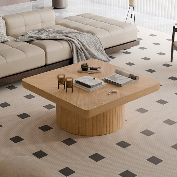 34.6'' Solid Wood Square Coffee Table, Thick 3.1" Modern Wood Veneer Top with Parquet Pattern & Cylindrical Base, Modern Living Room Coffee Table, Heavy-Duty Wood Center Table, Easy Assembly