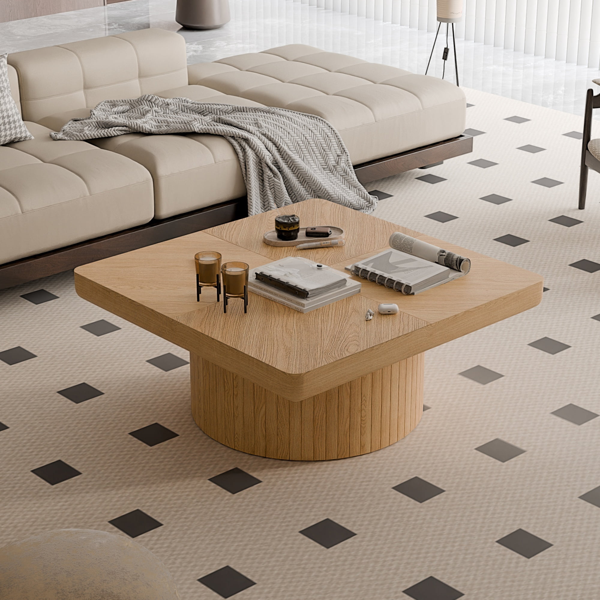 34.6'' Square Coffee Table with Fluted Cylindrical Base, Solid Wood End Table with Thickened Tabletop, Modern Cocktail Table