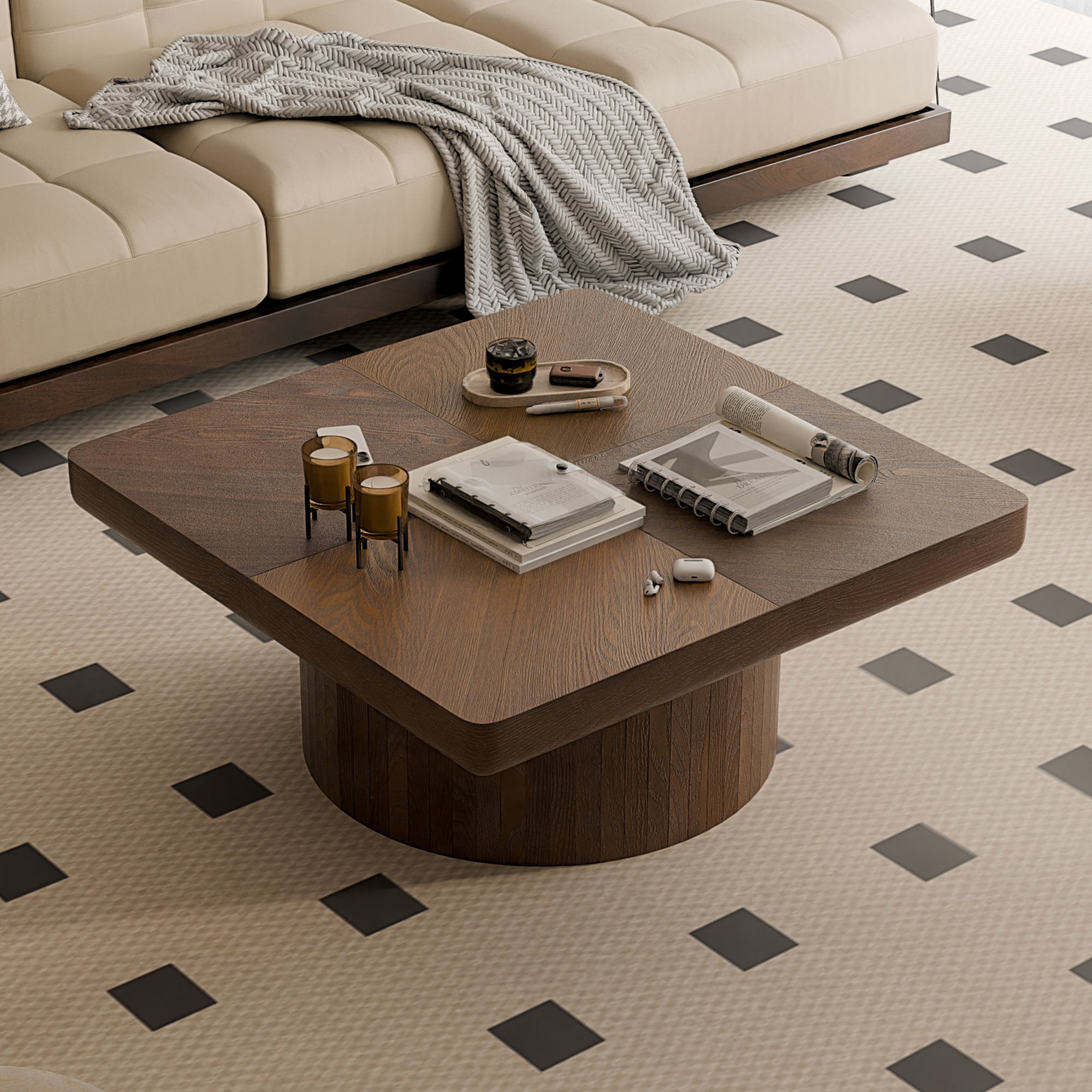 34.6'' Square Coffee Table with Fluted Cylindrical Base, Solid Wood End Table with Thickened Tabletop, Modern Cocktail Table