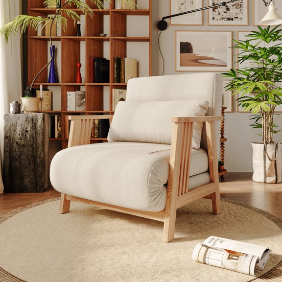 34.6'' Wide Modern Solid Wood Armchair Futon, Convertible Folding Accent Lounge Chair Recliner Sofa Bed Sleeper Chaise Daybed With Soft Linen Upholstered For Living Room