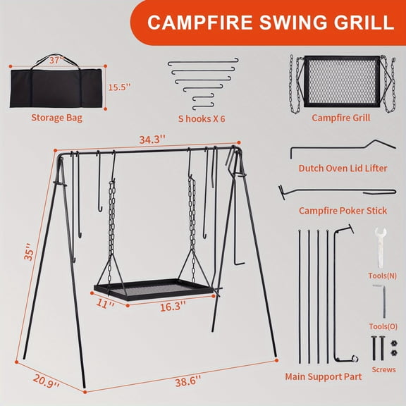 34.65*11.02*35.43inch Suspension Grill with Fork Hooks and Cloth Bag Vertical Camping Grill Black Iron Barbecue Grill