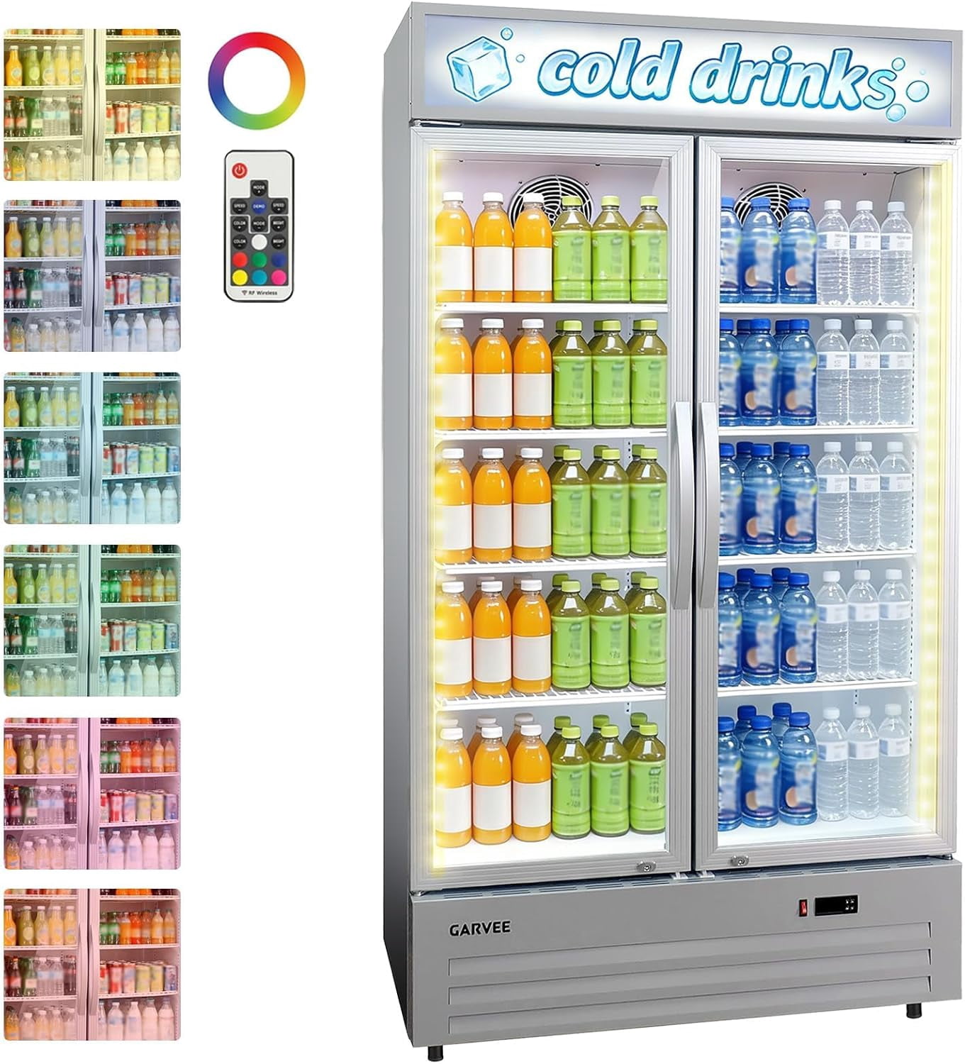 34.8 Cu.ft Commercial Beverage Fridge, Double Glass Door Display Refrigerator with Adjustable Shelves, Customizable LED Lightbox & Frost-Free System, Beverage Cooler for Restaurant Bar Store, Silver