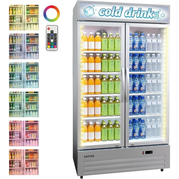 34.8 Cu.ft Commercial Beverage Fridge, Double Glass Door Display Refrigerator with Adjustable Shelves, Customizable LED Lightbox & Frost-Free System, Beverage Cooler for Restaurant Bar Store, Silver