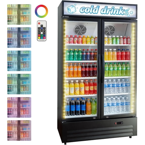 34.8 Cu.ft Commercial Beverage Fridge, Double Glass Door Display Refrigerator with Adjustable Shelves, Customizable LED Lightbox & Frost-Free System, Beverage Cooler for Restaurant Bar Store, Black