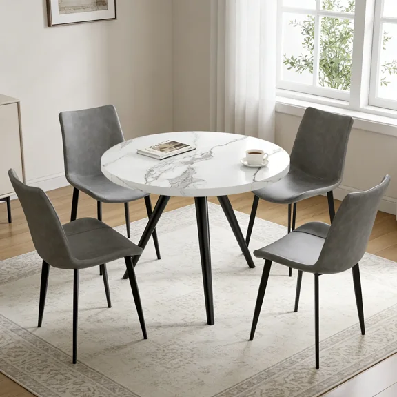 34.8" Round Dining Table Set for 4,5 Piece Mid-Century Modern Dining Set with 4 Upholstered Dining Chairs,Leisure Coffee Table for Kitchen Dining Room, Save Space