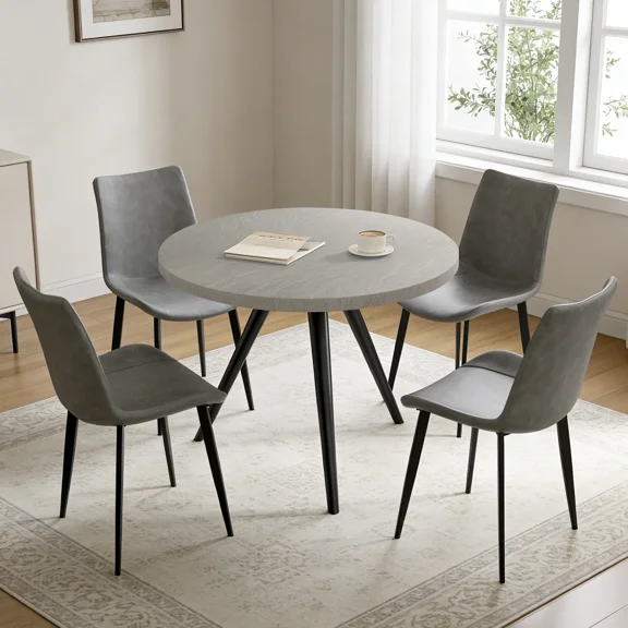 34.8" Round Dining Table Set for 4,5 Piece Mid-Century Modern Dining Set with 4 Upholstered Dining Chairs,Leisure Coffee Table for Kitchen Dining Room, Save Space