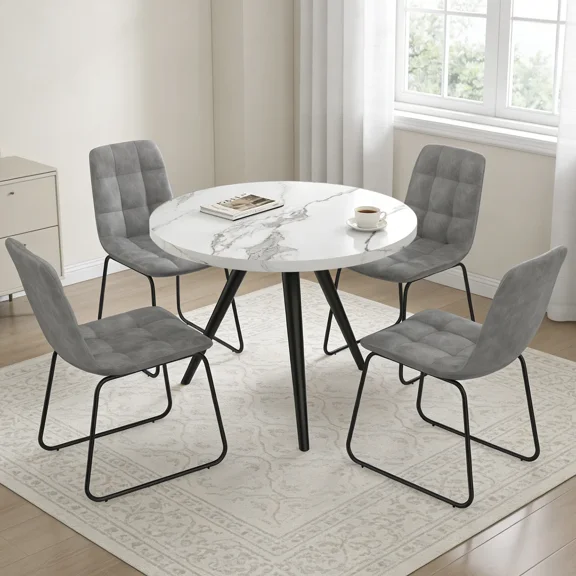 34.8" Round Dining Table Set for 4,5 Piece Mid-Century Modern Dining Set with 4 Upholstered Dining Chairs,Leisure Coffee Table for Kitchen Dining Room, Save Space