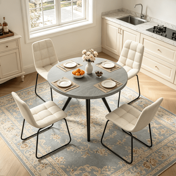 34.8" Round Dining Table Set for 4,5 Piece Mid-Century Modern Dining Set with 4 Upholstered Dining Chairs,Leisure Coffee Table for Kitchen Dining Room, Save Space