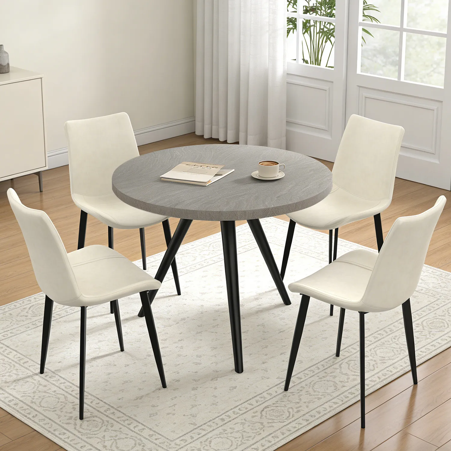 34.8" Round Dining Table Set for 4,5 Piece Mid-Century Modern Dining Set with 4 Upholstered Dining Chairs,Leisure Coffee Table for Kitchen Dining Room, Save Space