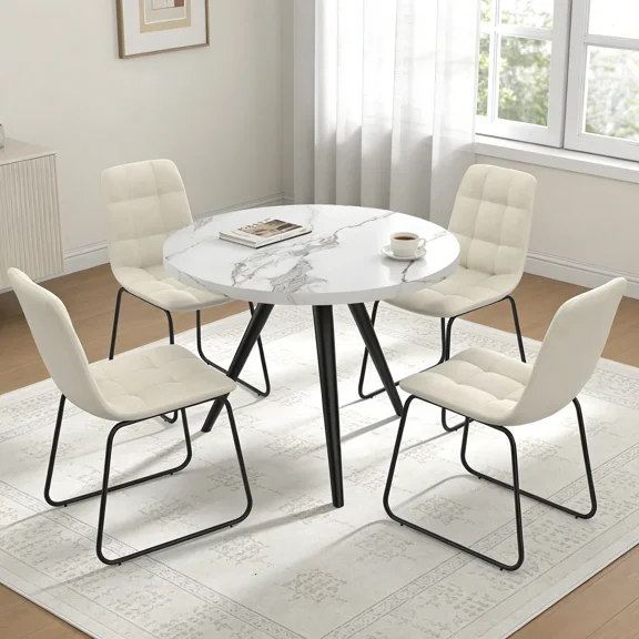 34.8" Round Dining Table Set for 4,5 Piece Mid-Century Modern Dining Set with 4 Upholstered Dining Chairs,Leisure Coffee Table for Kitchen Dining Room, Save Space