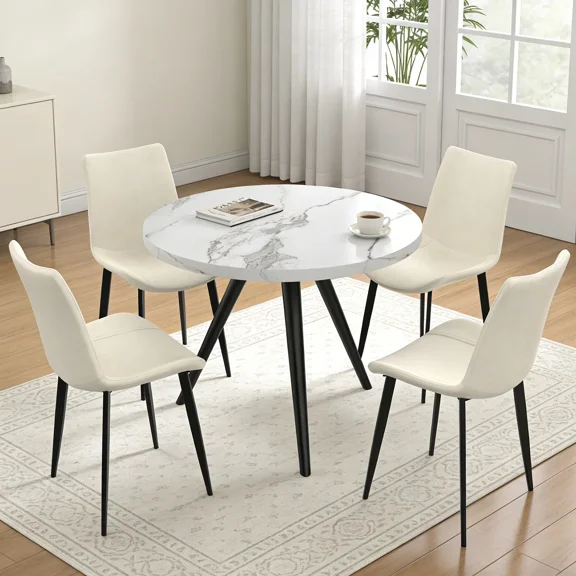34.8" Round Dining Table Set for 4,5 Piece Mid-Century Modern Dining Set with 4 Upholstered Dining Chairs,Leisure Coffee Table for Kitchen Dining Room, Save Space