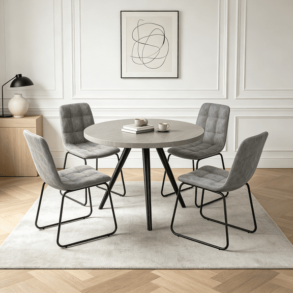 34.8" Round Dining Table Set for 4,5 Piece Mid-Century Modern Dining Set with 4 Upholstered Dining Chairs,Leisure Coffee Table for Kitchen Dining Room, Save Space
