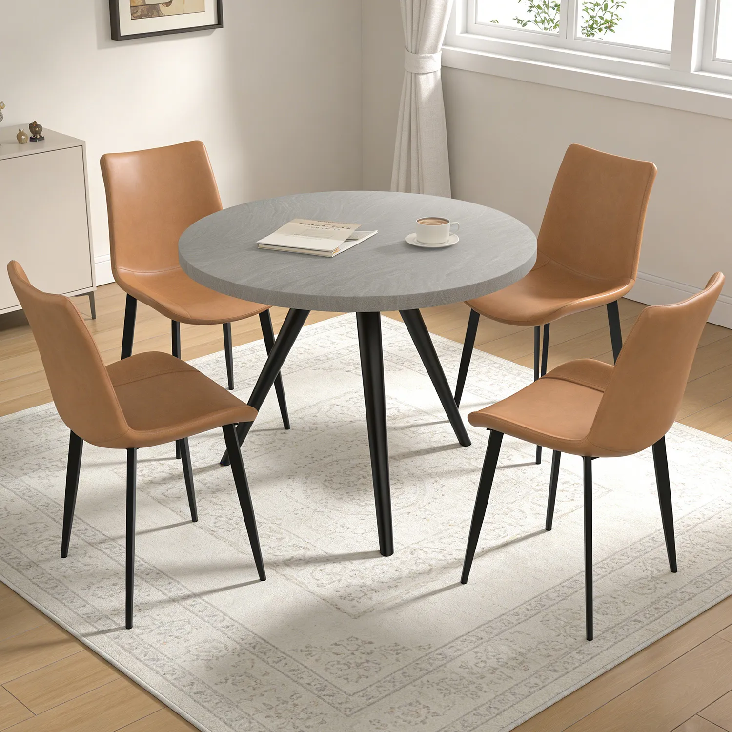 34.8" Round Dining Table Set for 4,5 Piece Mid-Century Modern Dining Set with 4 Upholstered Dining Chairs,Leisure Coffee Table for Kitchen Dining Room, Save Space