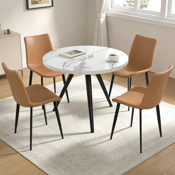 34.8" Round Dining Table Set for 4,5 Piece Mid-Century Modern Dining Set with 4 Upholstered Dining Chairs,Leisure Coffee Table for Kitchen Dining Room, Save Space