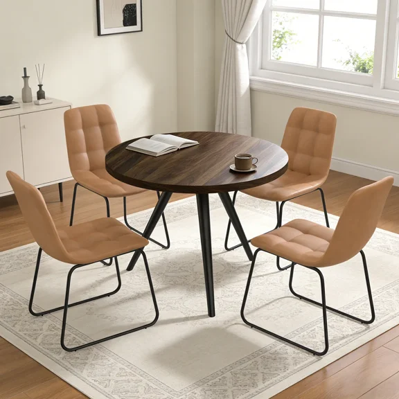 34.8" Round Dining Table Set for 4,5 Piece Mid-Century Modern Dining Set with 4 Upholstered Dining Chairs,Leisure Coffee Table for Kitchen Dining Room, Save Space