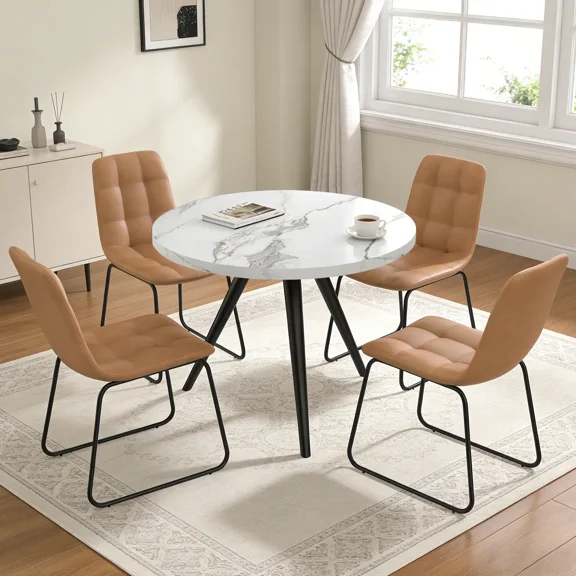 34.8" Round Dining Table Set for 4,5 Piece Mid-Century Modern Dining Set with 4 Upholstered Dining Chairs,Leisure Coffee Table for Kitchen Dining Room, Save Space