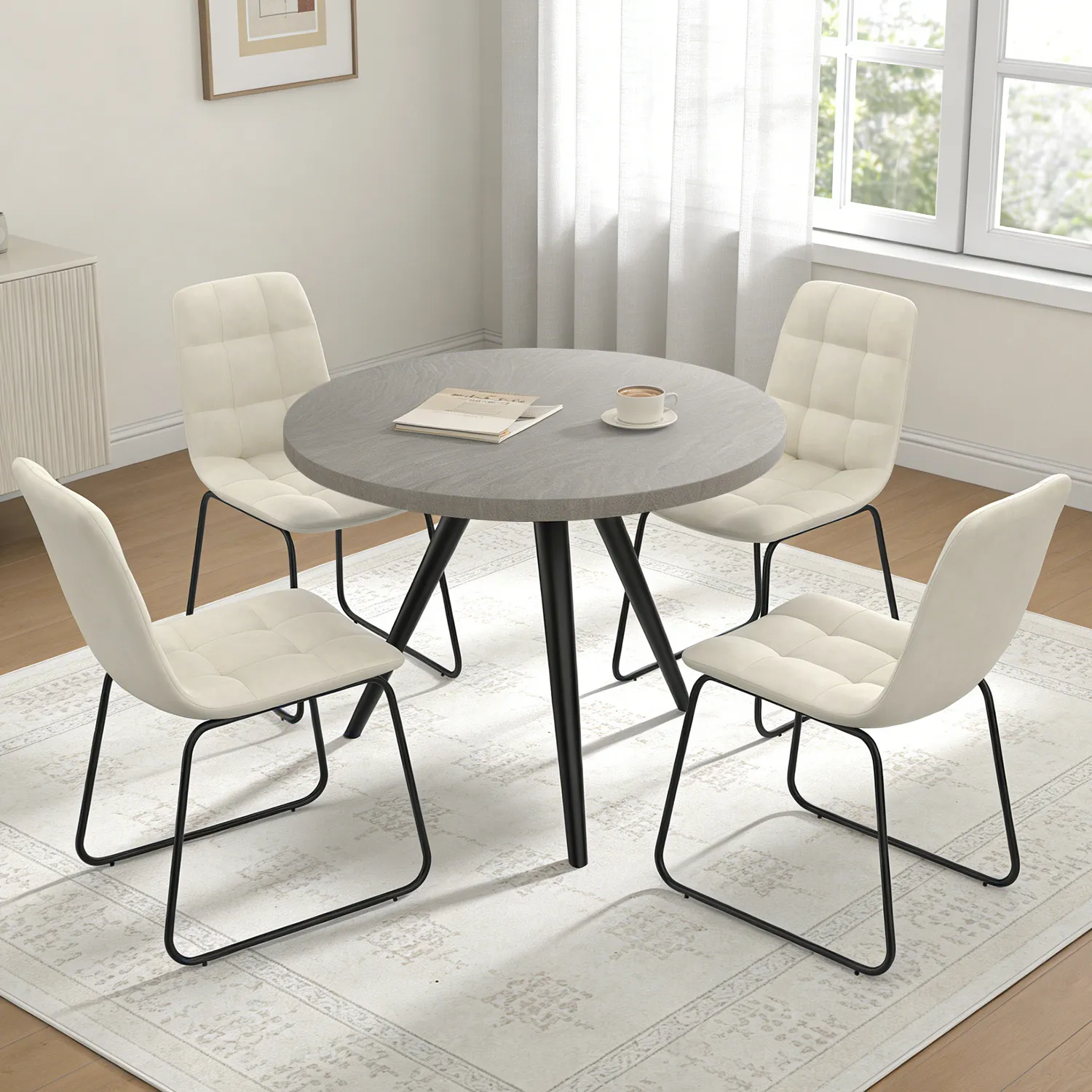 34.8" Round Dining Table Set for 4,5 Piece Mid-Century Modern Dining Set with 4 Upholstered Dining Chairs,Leisure Coffee Table for Kitchen Dining Room, Save Space