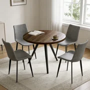 34.8" Round Dining Table Set for 4,5 Piece Mid-Century Modern Dining Set with 4 Upholstered Dining Chairs,Leisure Coffee Table for Kitchen Dining Room, Save Space