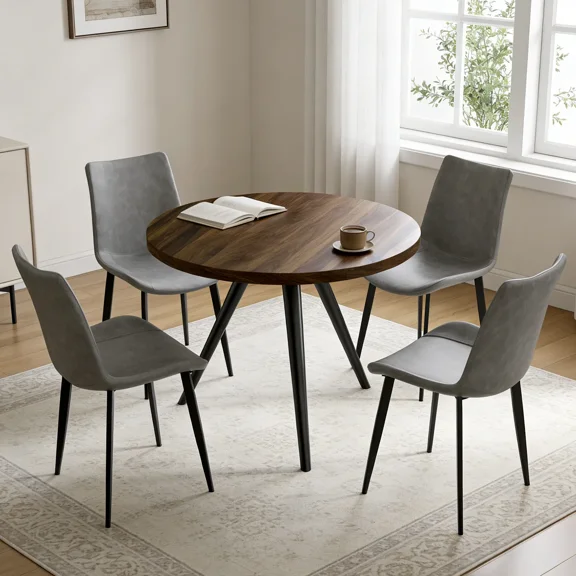 34.8" Round Dining Table Set for 4,5 Piece Mid-Century Modern Dining Set with 4 Upholstered Dining Chairs,Leisure Coffee Table for Kitchen Dining Room, Save Space