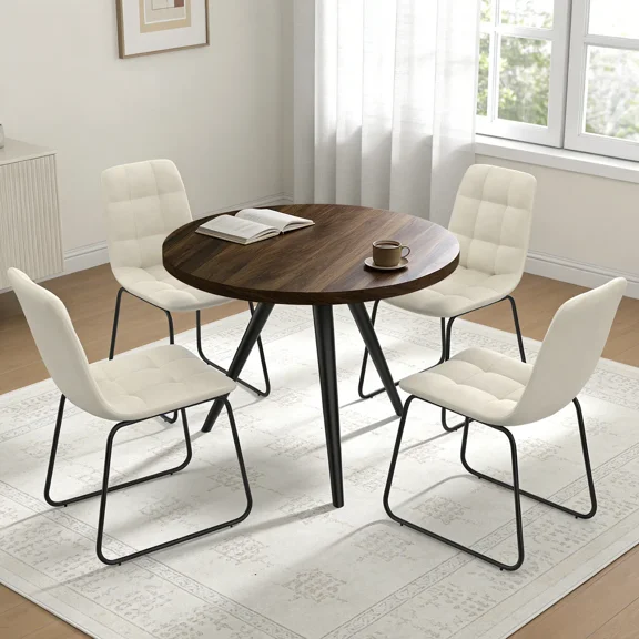 34.8" Round Dining Table Set for 4,5 Piece Mid-Century Modern Dining Set with 4 Upholstered Dining Chairs,Leisure Coffee Table for Kitchen Dining Room, Save Space