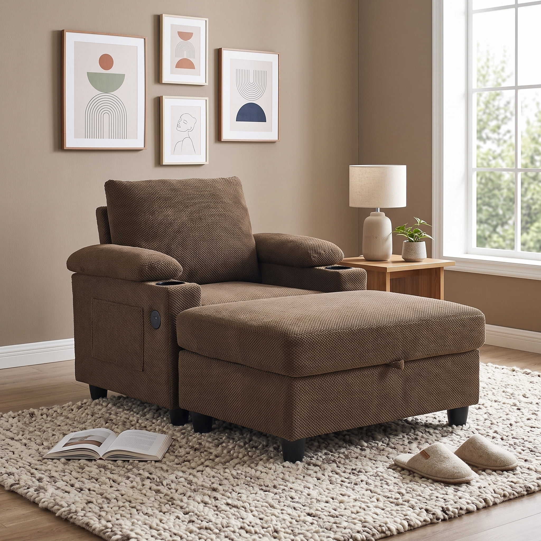 34" Accent Chair and Storage Ottoman Set, Reclining Sleeper Bed with Cupholders and USB-C Ports