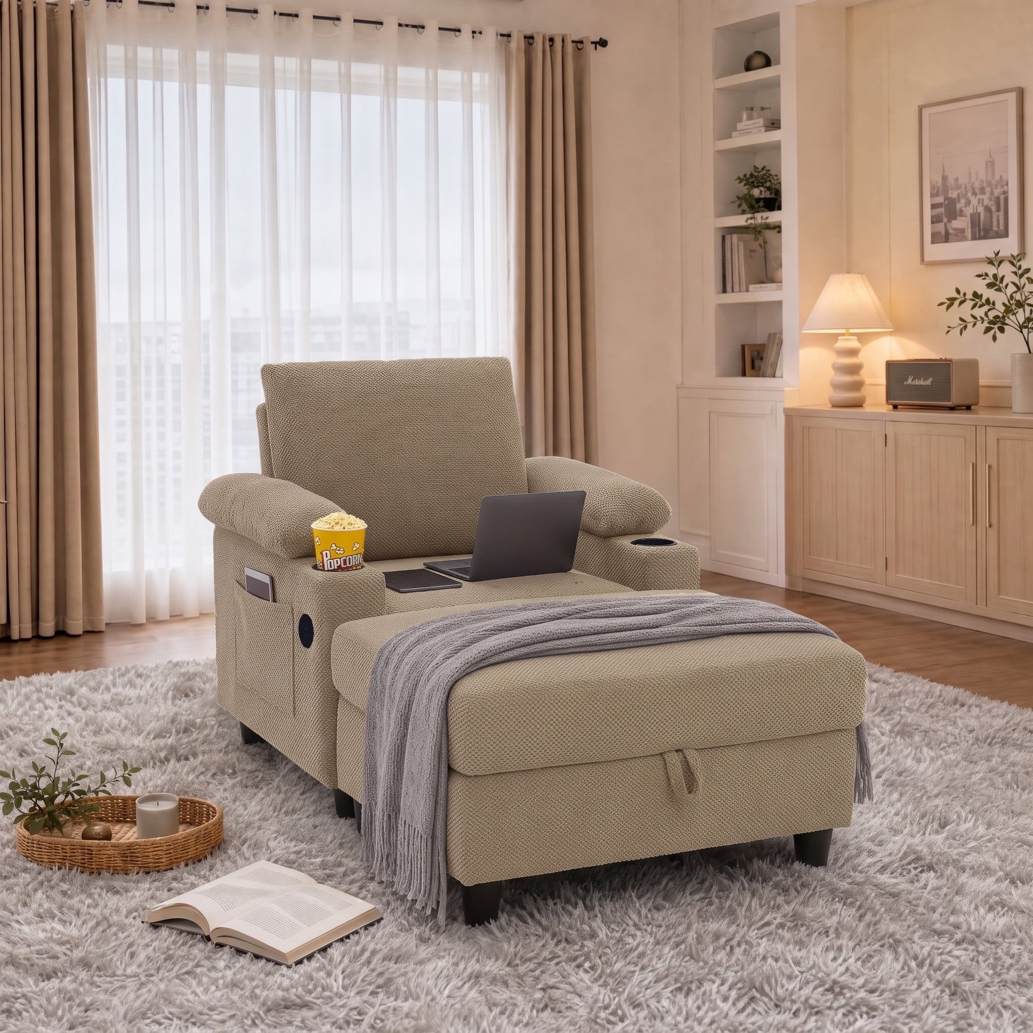 34" Accent Chair and Storage Ottoman Set, Reclining Sleeper Bed with Cupholders and USB-C Ports