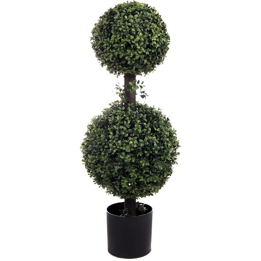 34" Green Plastic Boxwood Double Ball Topiary in Black Pot