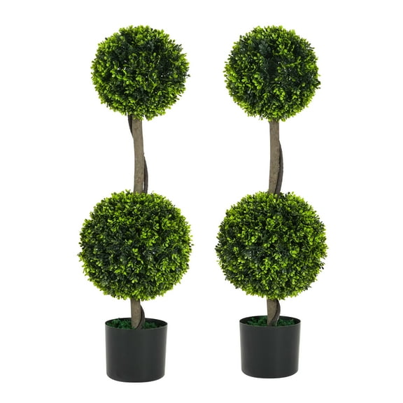 34" Artificial Topiary Boxwood Tree Double Ball with Black Plastic Pot, Set of 2